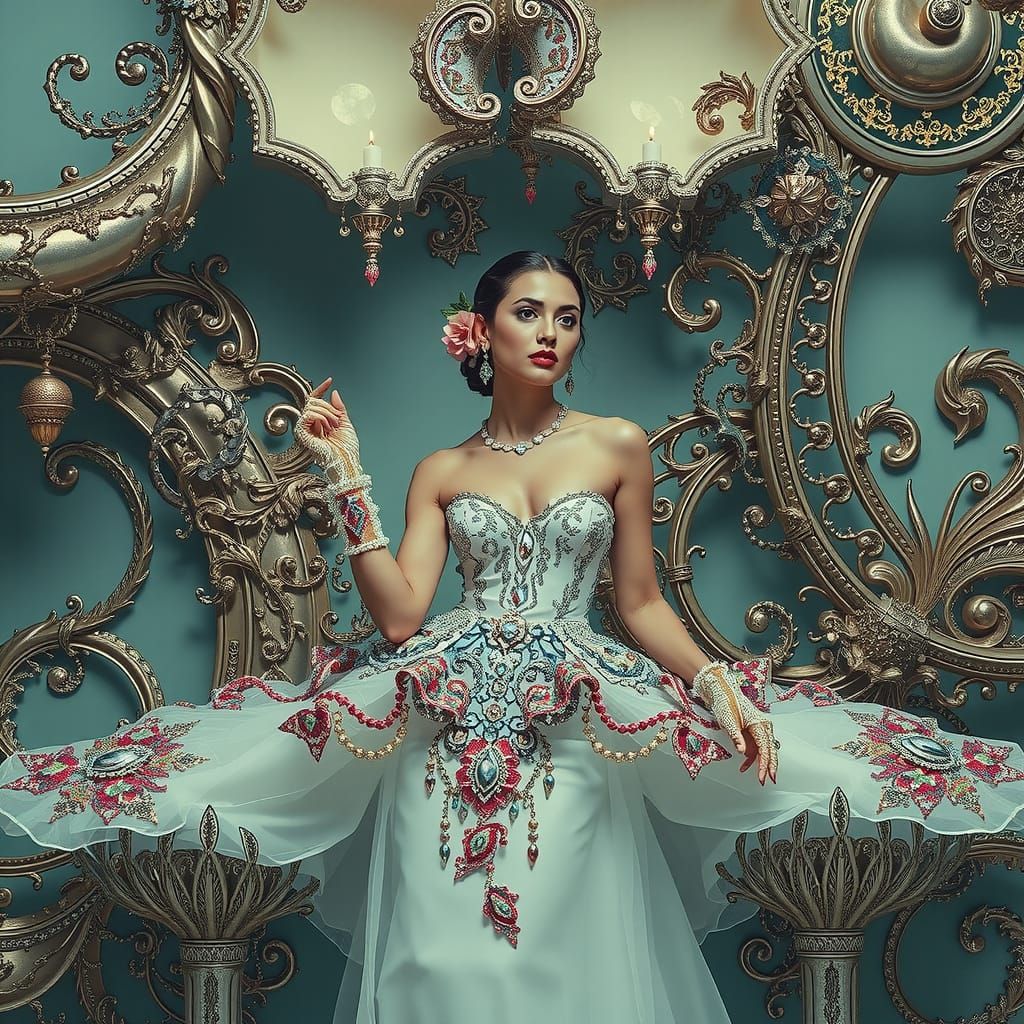 Elegant Woman in Maximalist Psychedelic Environment