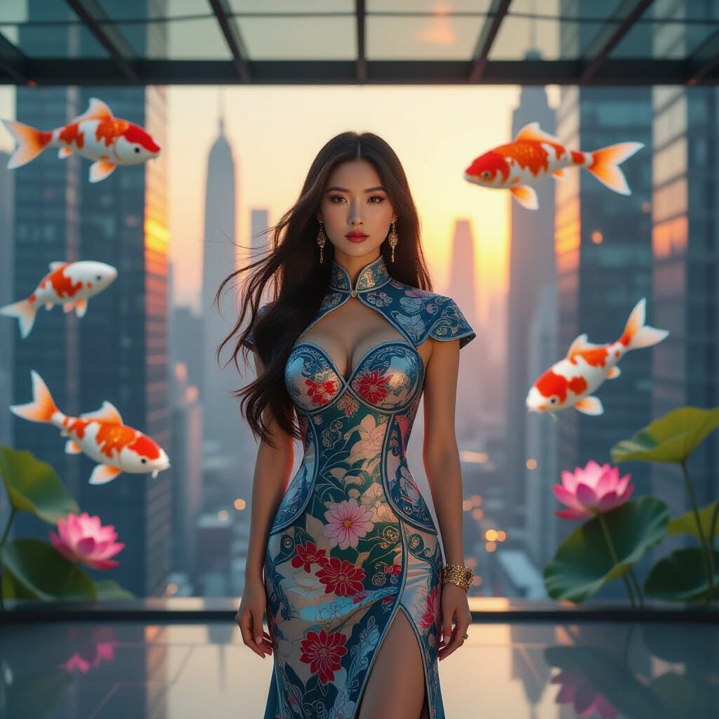 Confident Woman in Futuristic City with Holographic Projecti...