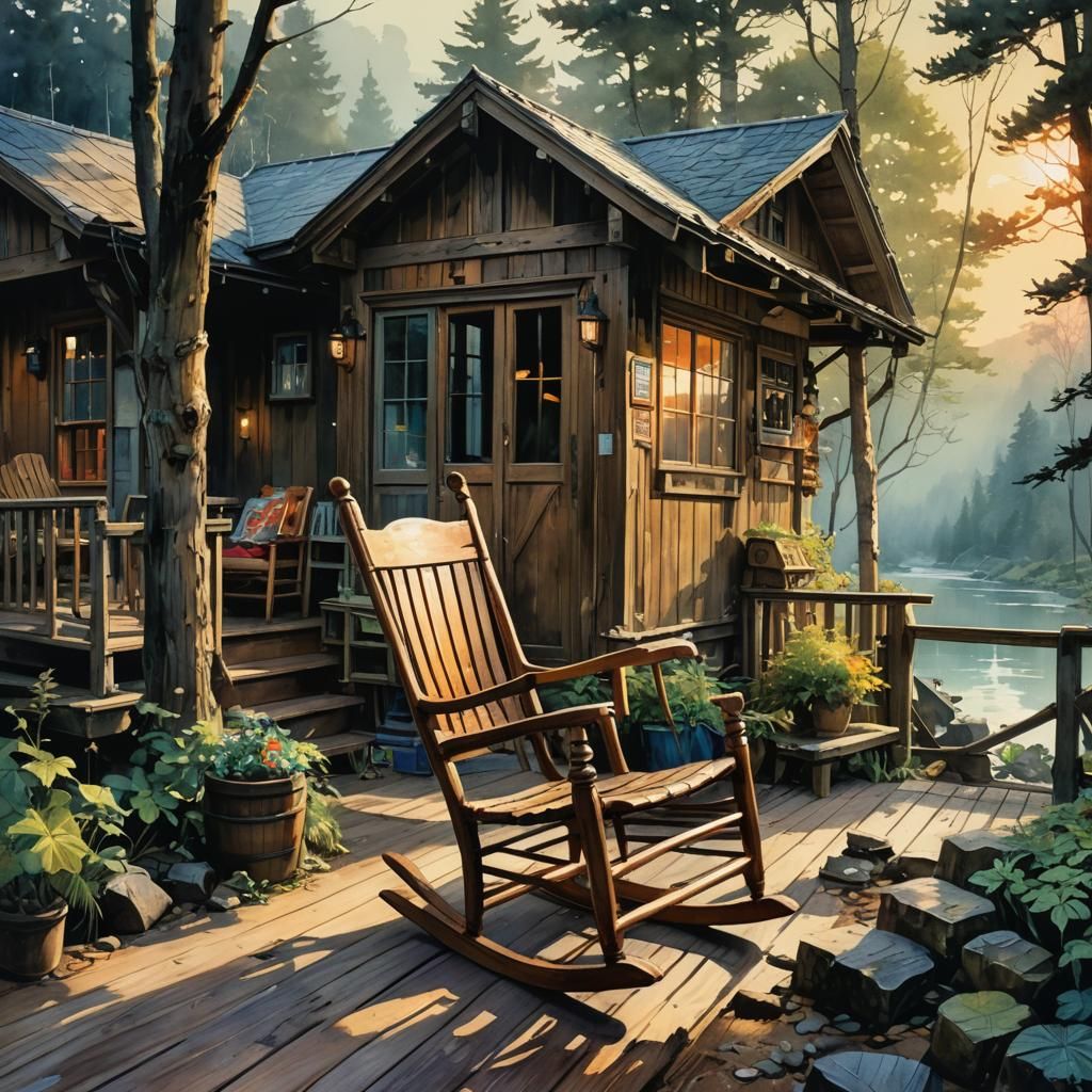 Cabin Porch Rocking Chair in Watercolor Style
