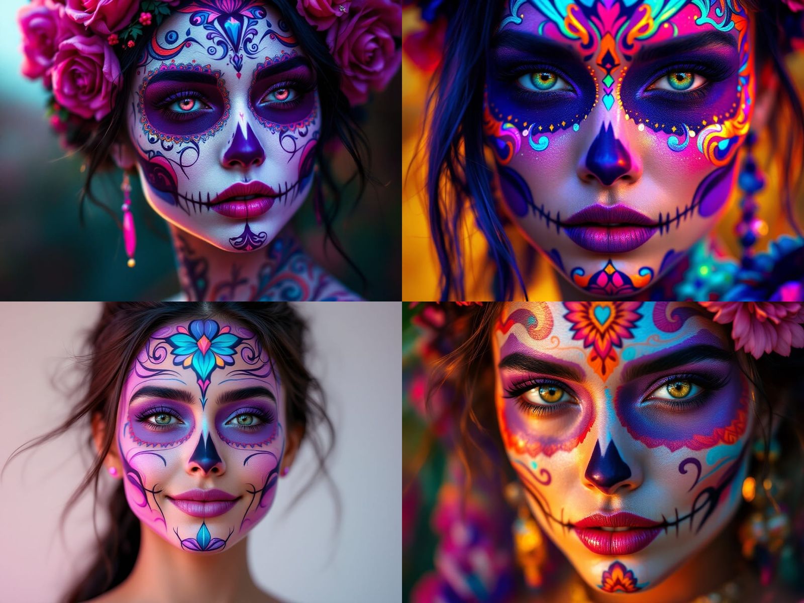 Medium shot of a beautiful woman wearing colorful Día de los Muertos face paint in purple pink and turquoise 8k resoluti...