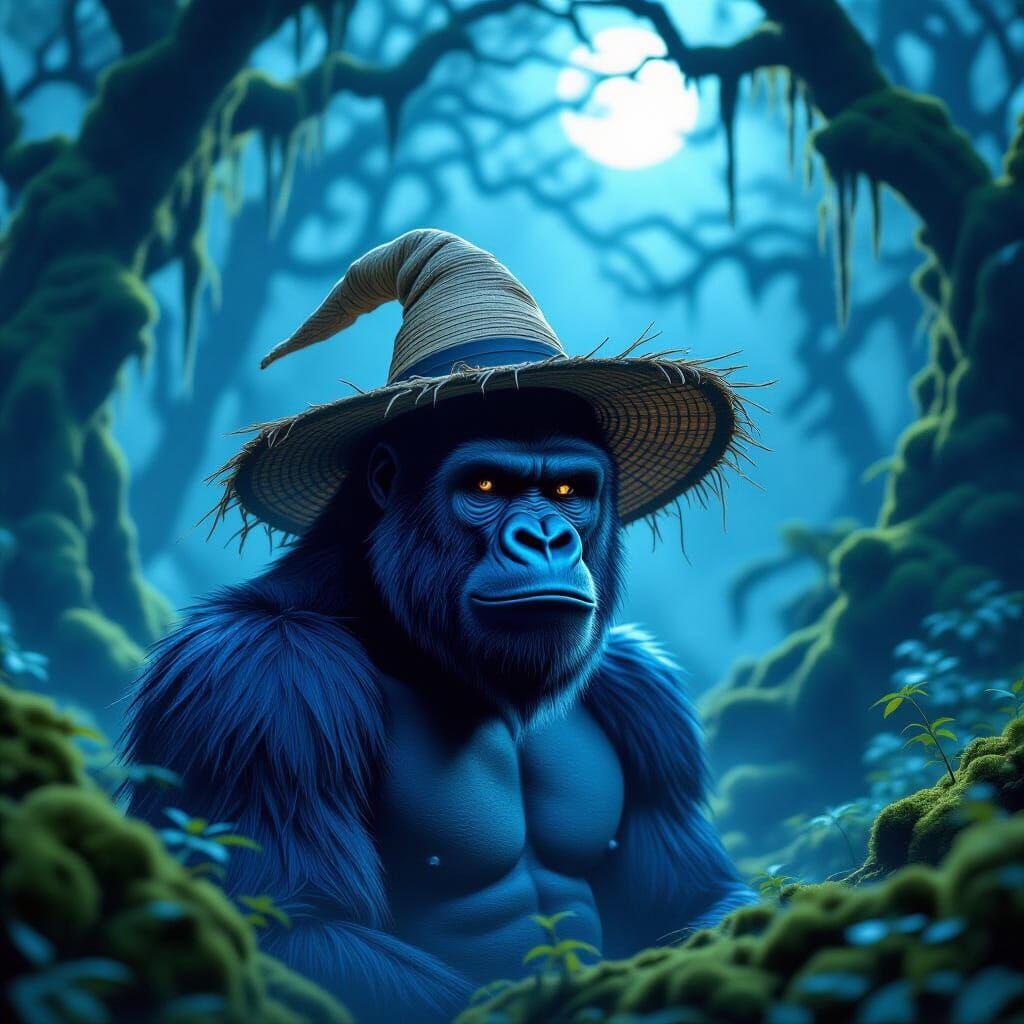 Blue Gorilla in Scarecrow Hat in Misty Forest