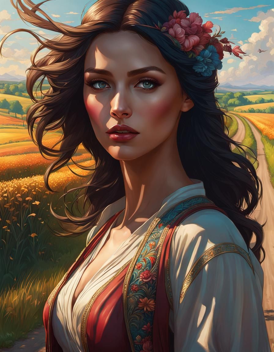 Beautiful Woman Walks Country Road: Artgerm, Rutkowski Style