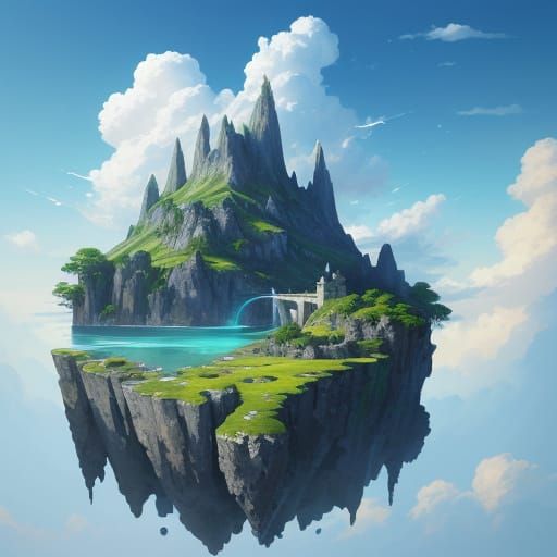 Hyperrealistic Floating Islands in Vibrant Azure Sky
