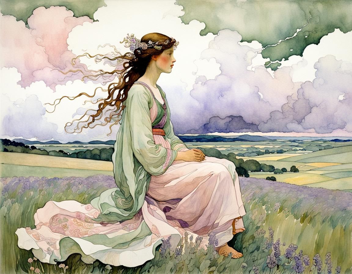 Art Nouveau Summer Storm Landscape with Woman