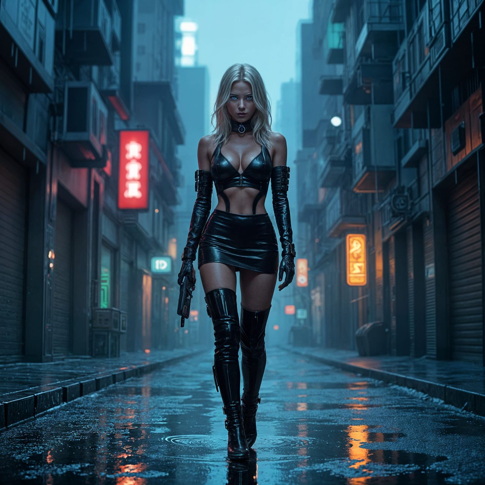 Cybernetic Bounty Huntress in Neon Noir City