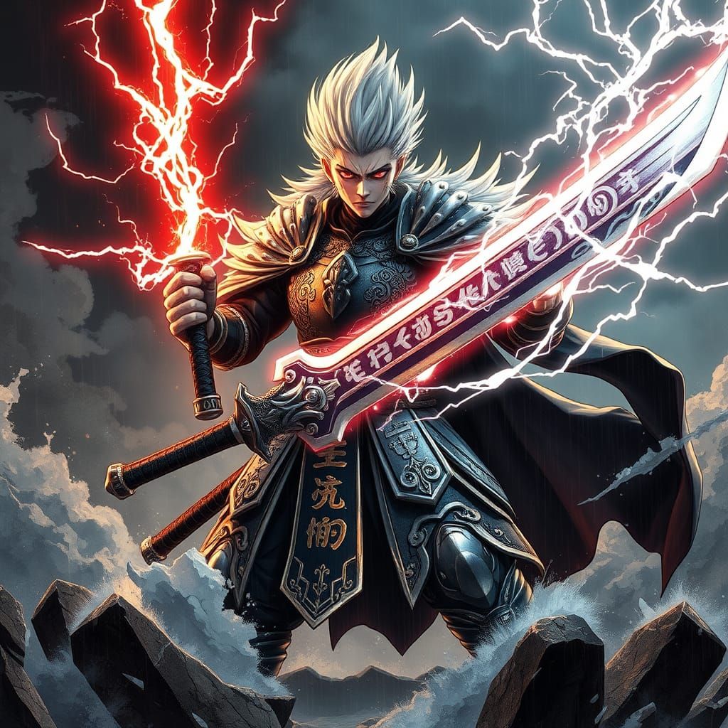 Epic Anime Warrior with Blazing Aura and Glowing Red Eyes