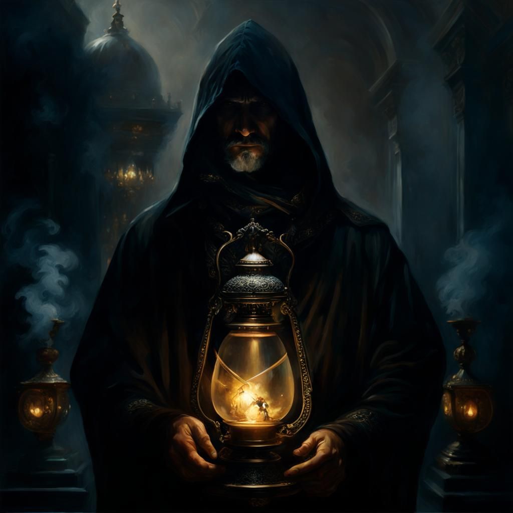 Mysterious Hooded Figure Emerges from Genie Lamp