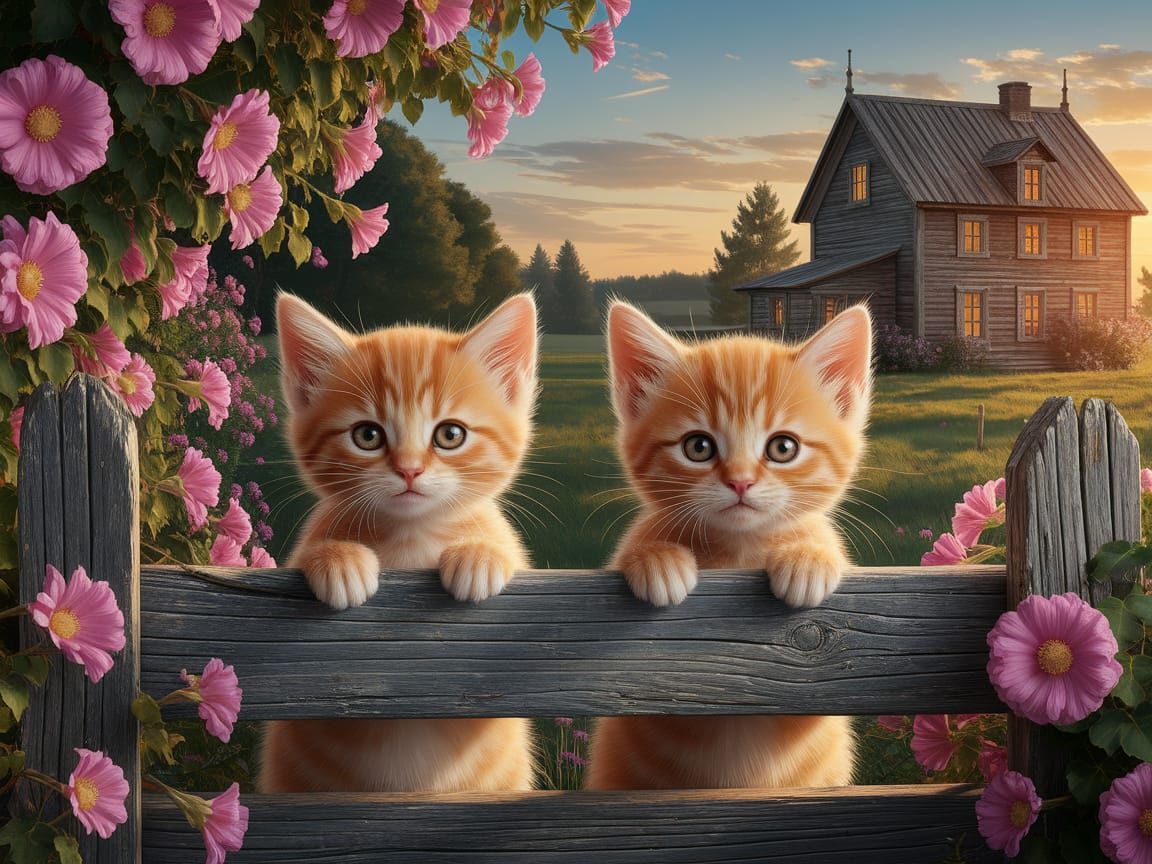 Orange Kittens in a Summer Country Garden