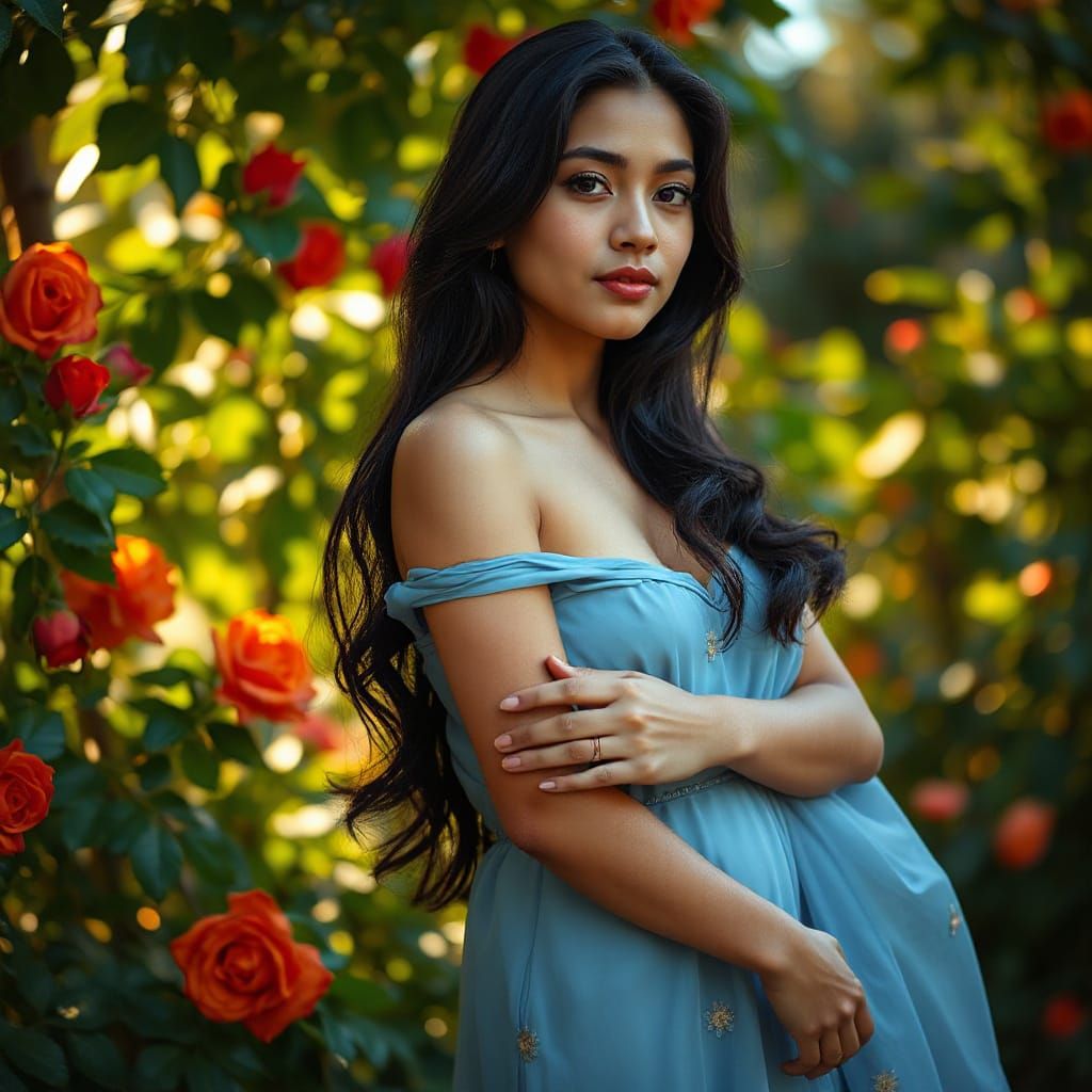 Latina Woman in Ethereal Gown in Lush Garden