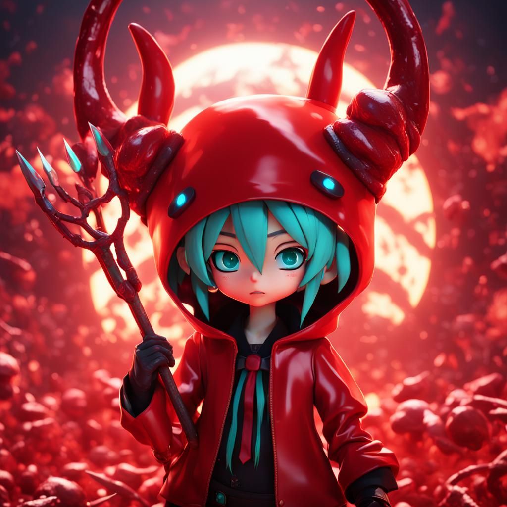 Hatsune Miku in Hell, wearing a red devil suit holding a pitchfork.