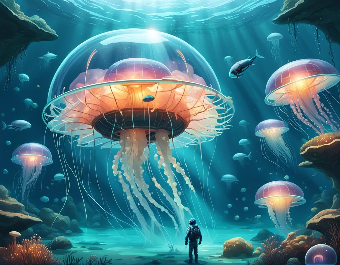 Futuristic Underwater Research Lab with Glowing Jellyfish