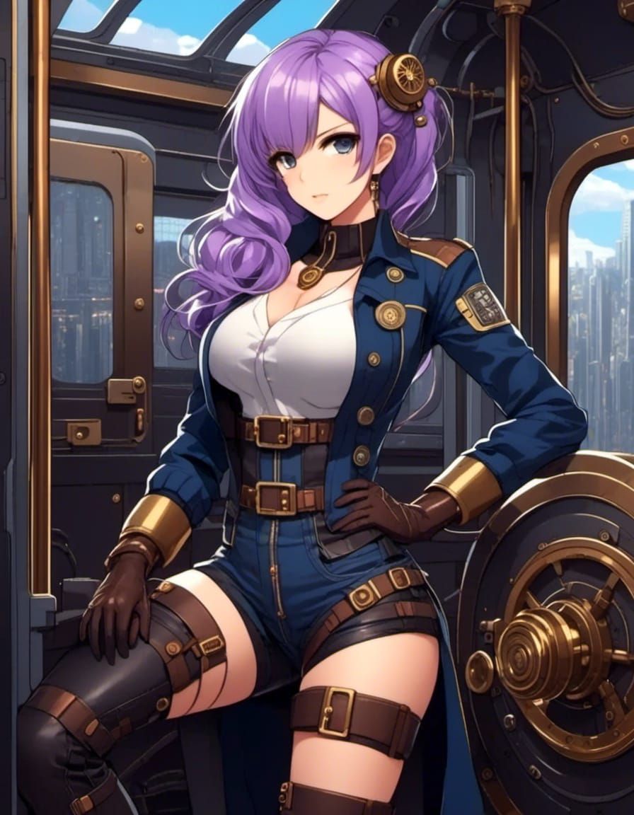 Anime Female  Steampunk train engineer, lavender hair, dark blue overalls, brass and copper in train engine <lora:Gridim...