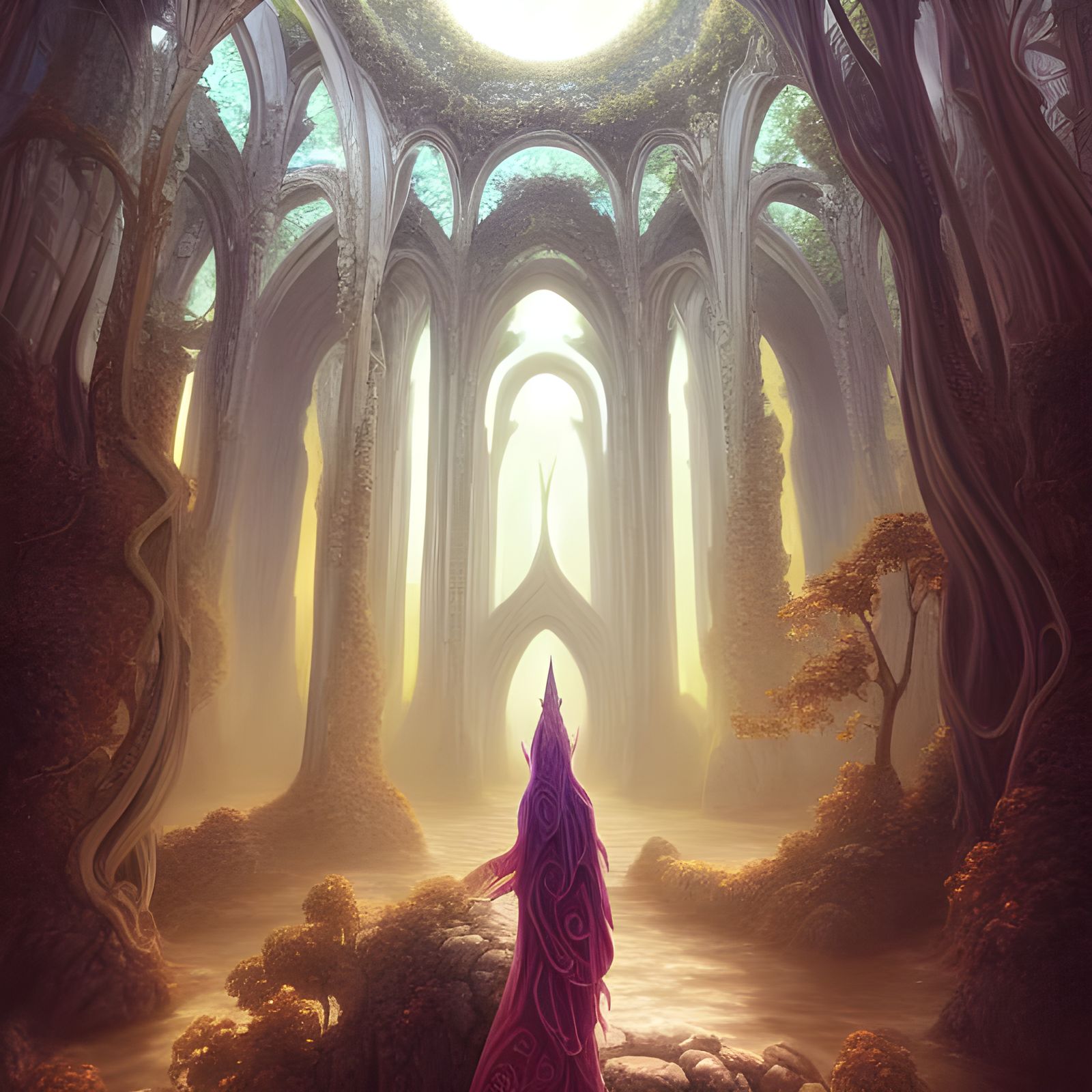 Serene Astral Elven Ruins in Hyperrealism