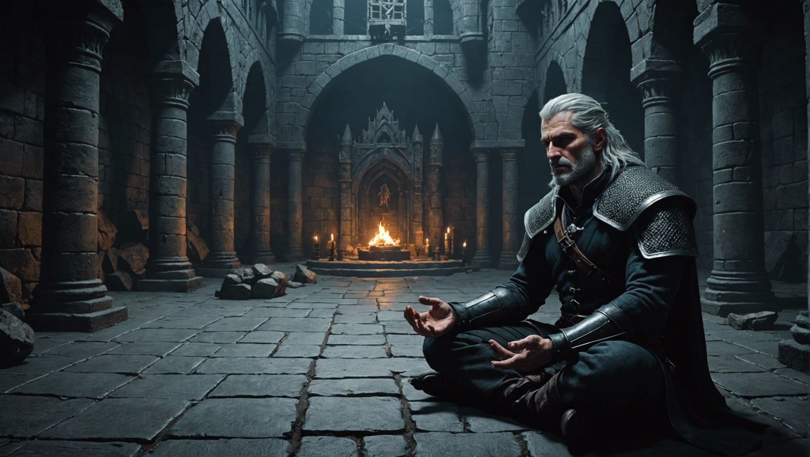 Meditative Figure in Dark Medieval Dungeon