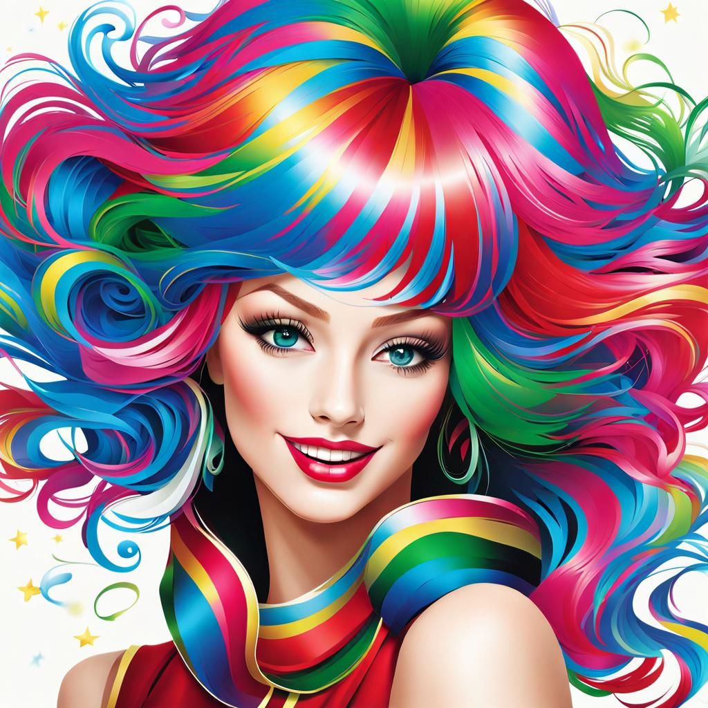 Airbrush Art of Woman with Floating Rainbow Wig