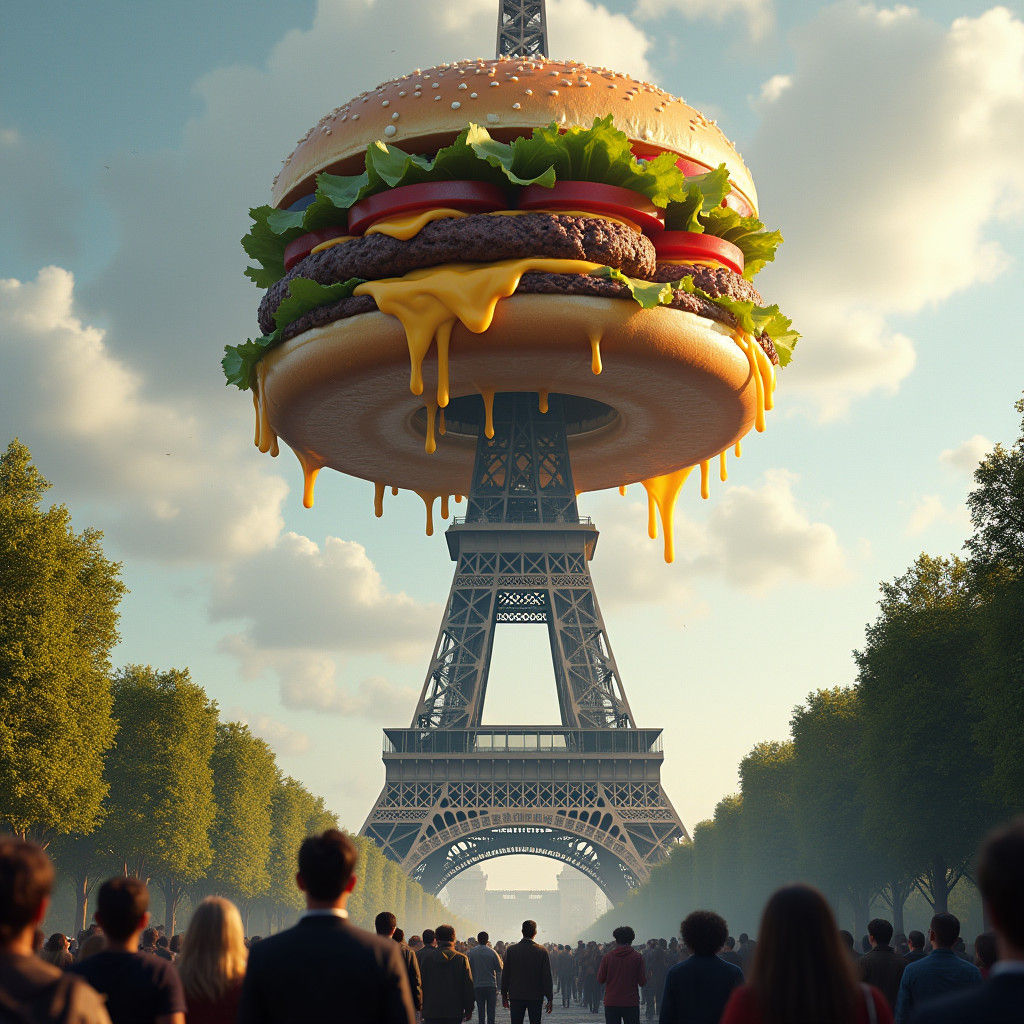 Eiffel Tower Topped with Giant Cheeseburger