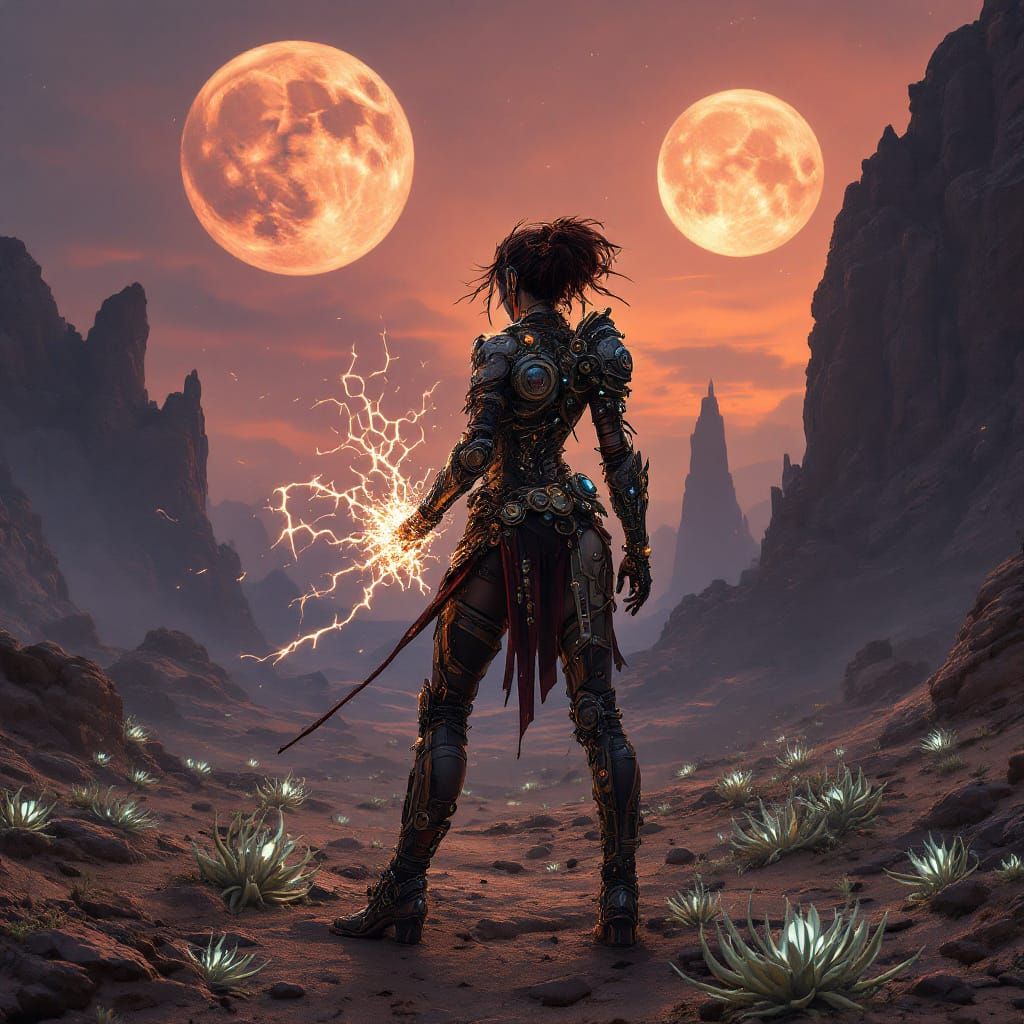 Steampunk Warrior on Alien World Under Twin Moons