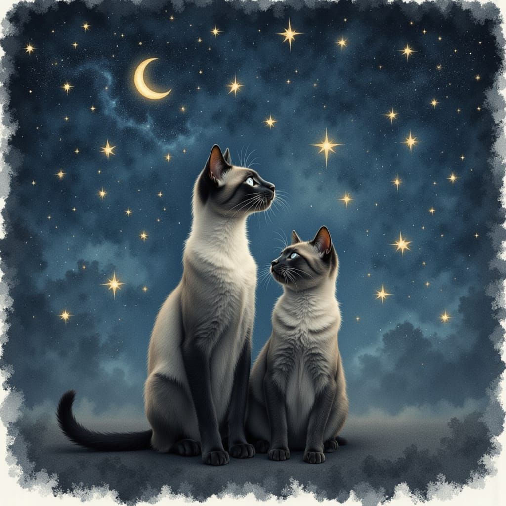 Regal Siamese and Tabby Cats Under Starry Night