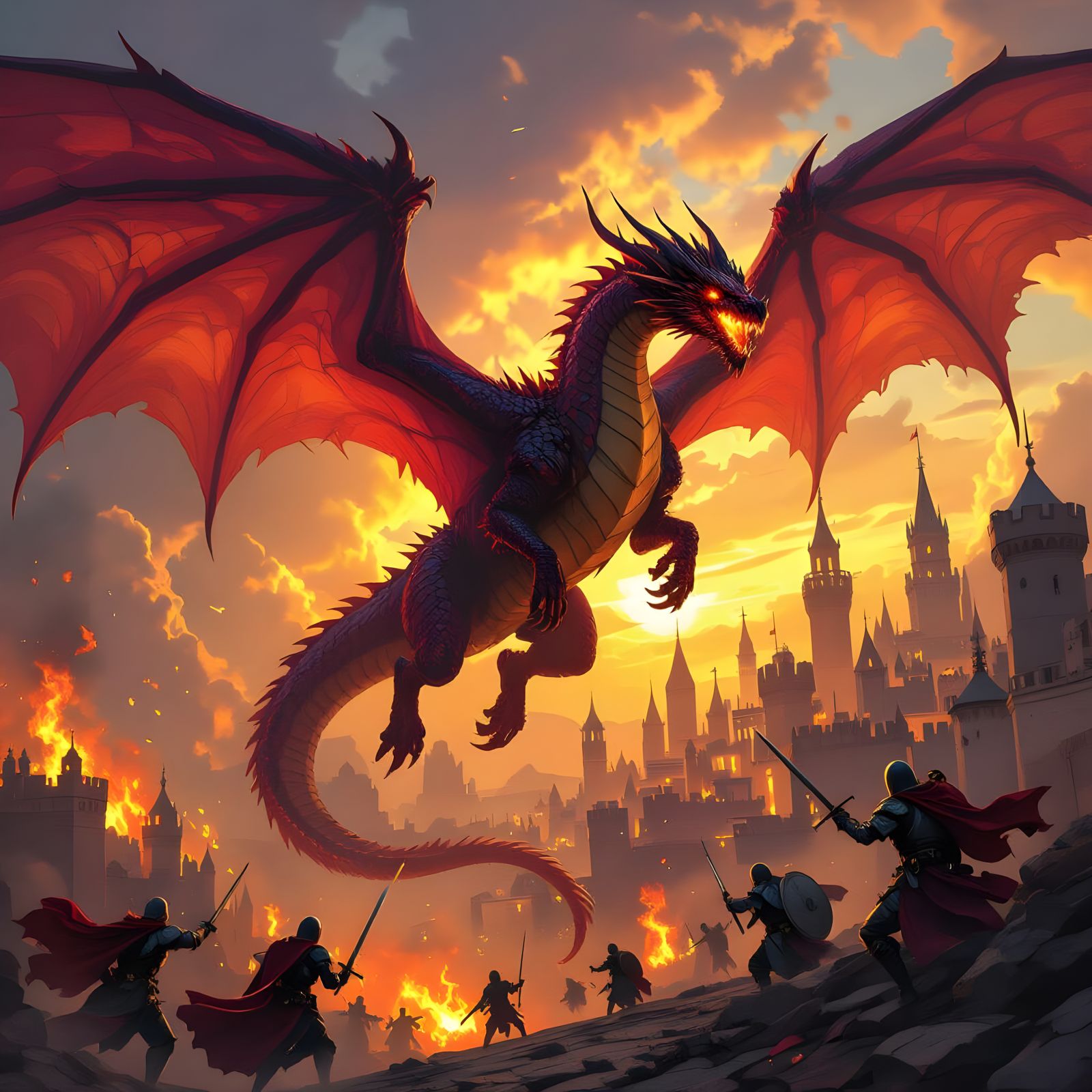 Epic Red Dragon Over Burning City
