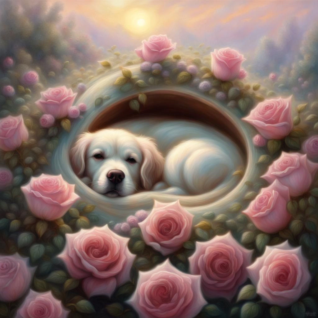 Dog Sleeping in Rose: Ethereal Fantasy Art
