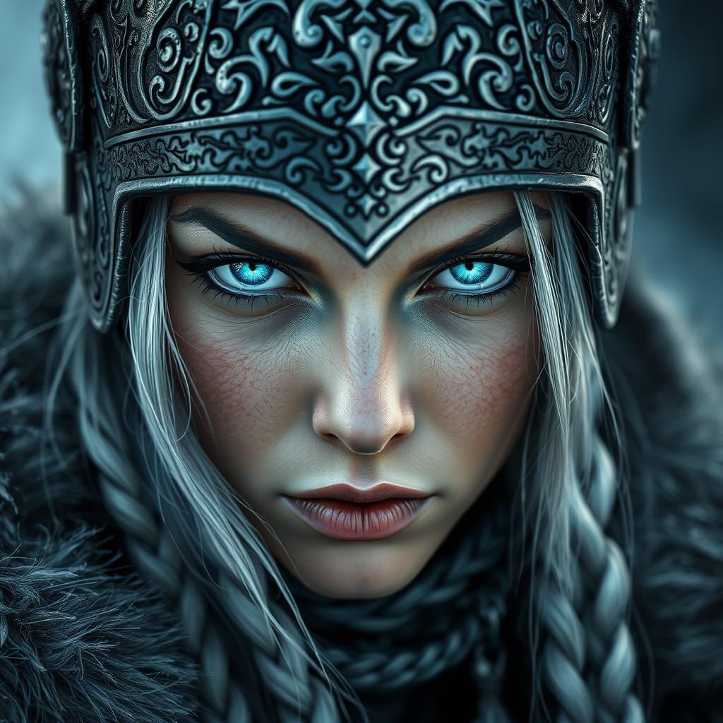 Fierce Nordic Warrior Portrait with Glowing Eyes