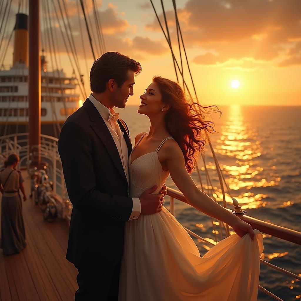 Romantic Sunset Moment on the Titanic's Grand Deck