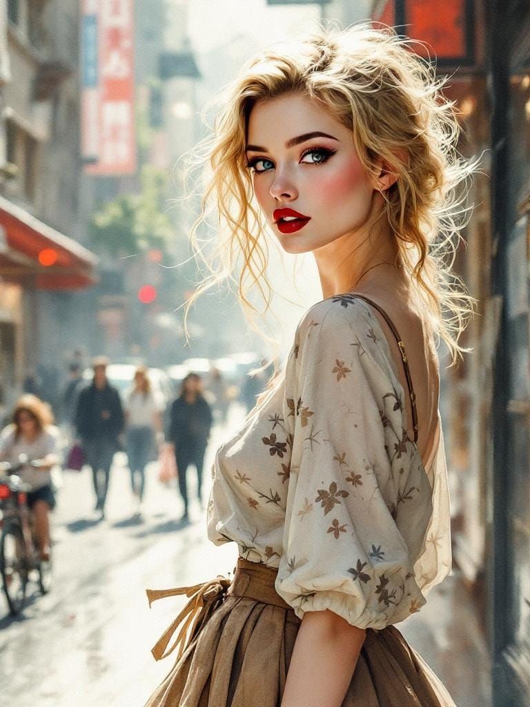 Watercolor Pin-Up Girl in Cityscape, Yoshitaka Amano Style