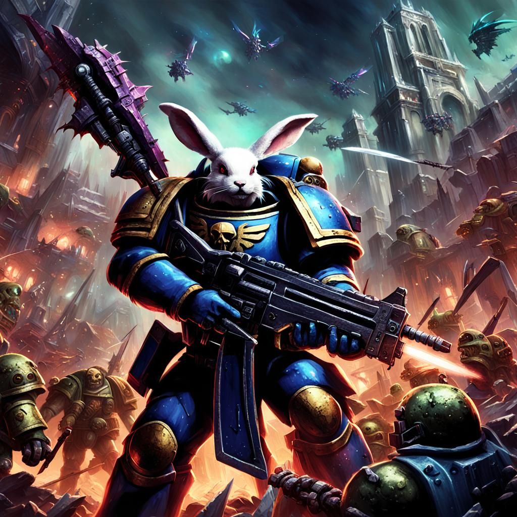 Space Marine Bunny Defends Ruined City in Grimdark Art