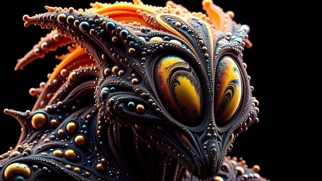 Biomechanical Alien Head with Horns and Red Hair