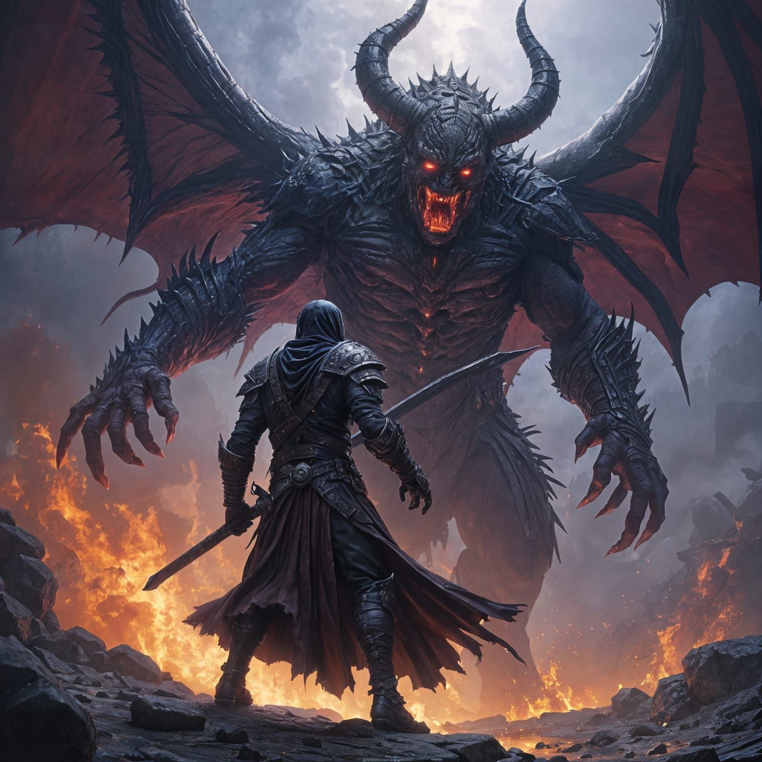 Dark Fantasy Demon Battle Art in Cyberpunk Style