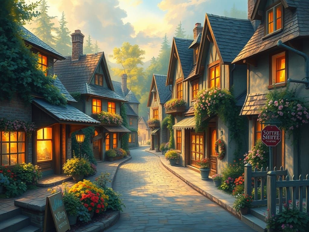 Whimsical Kinkade-Inspired Village Scene
