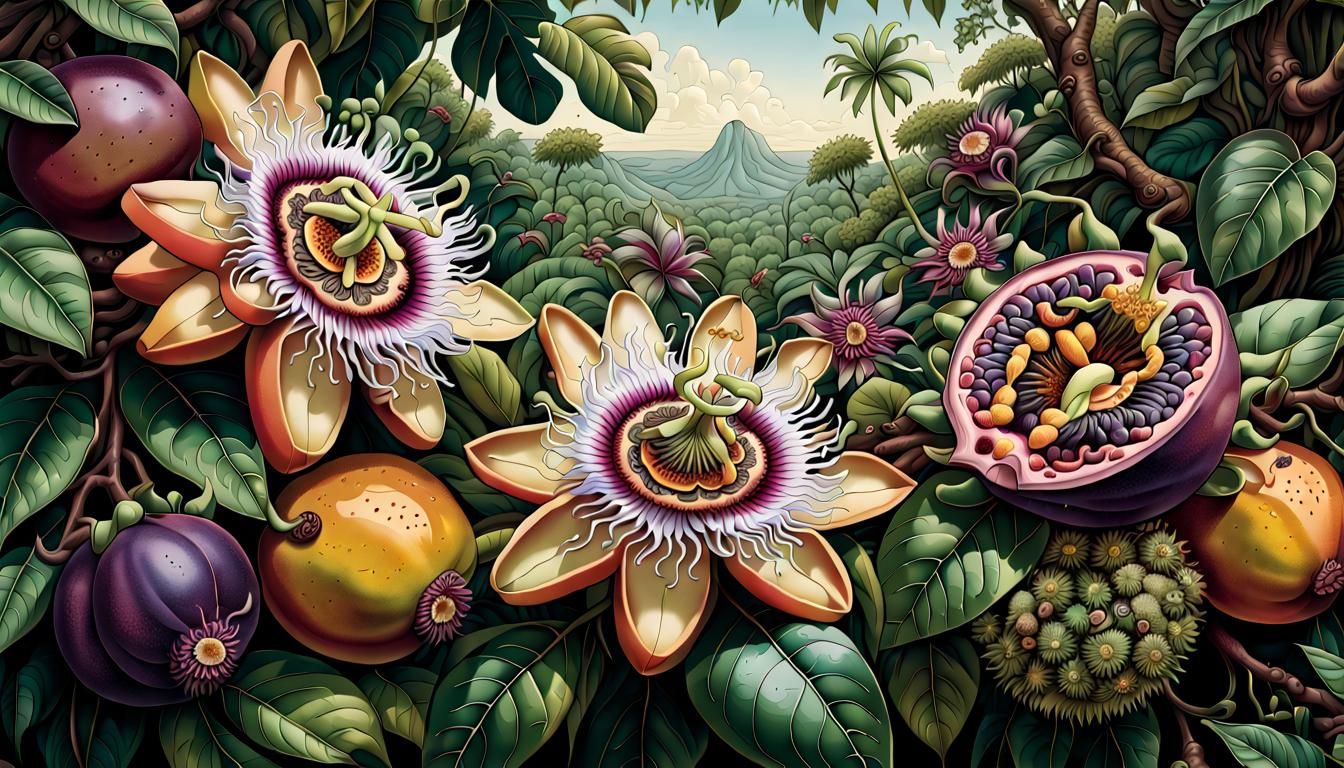 maracuja and passion fruit flower color-ink illustration