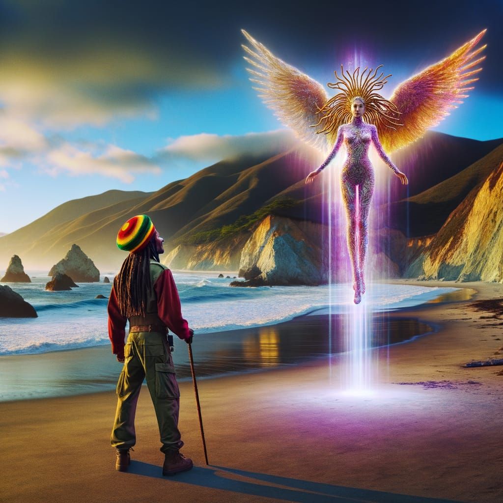 Rastafarian Warrior Observes Angel in Surreal Post-Apocalyps...