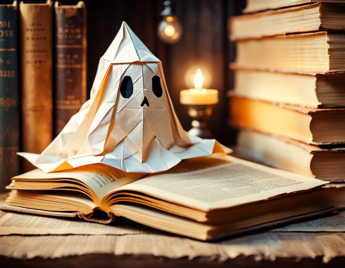 Cute Origami Ghost in Rustic Library, Oil Painting