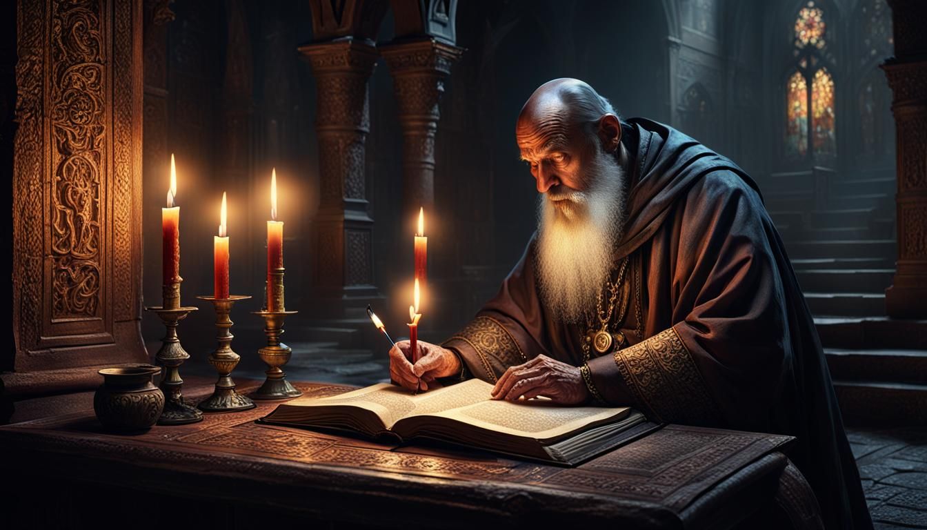 Monk Writing by Candlight: Dark Fantasy Art