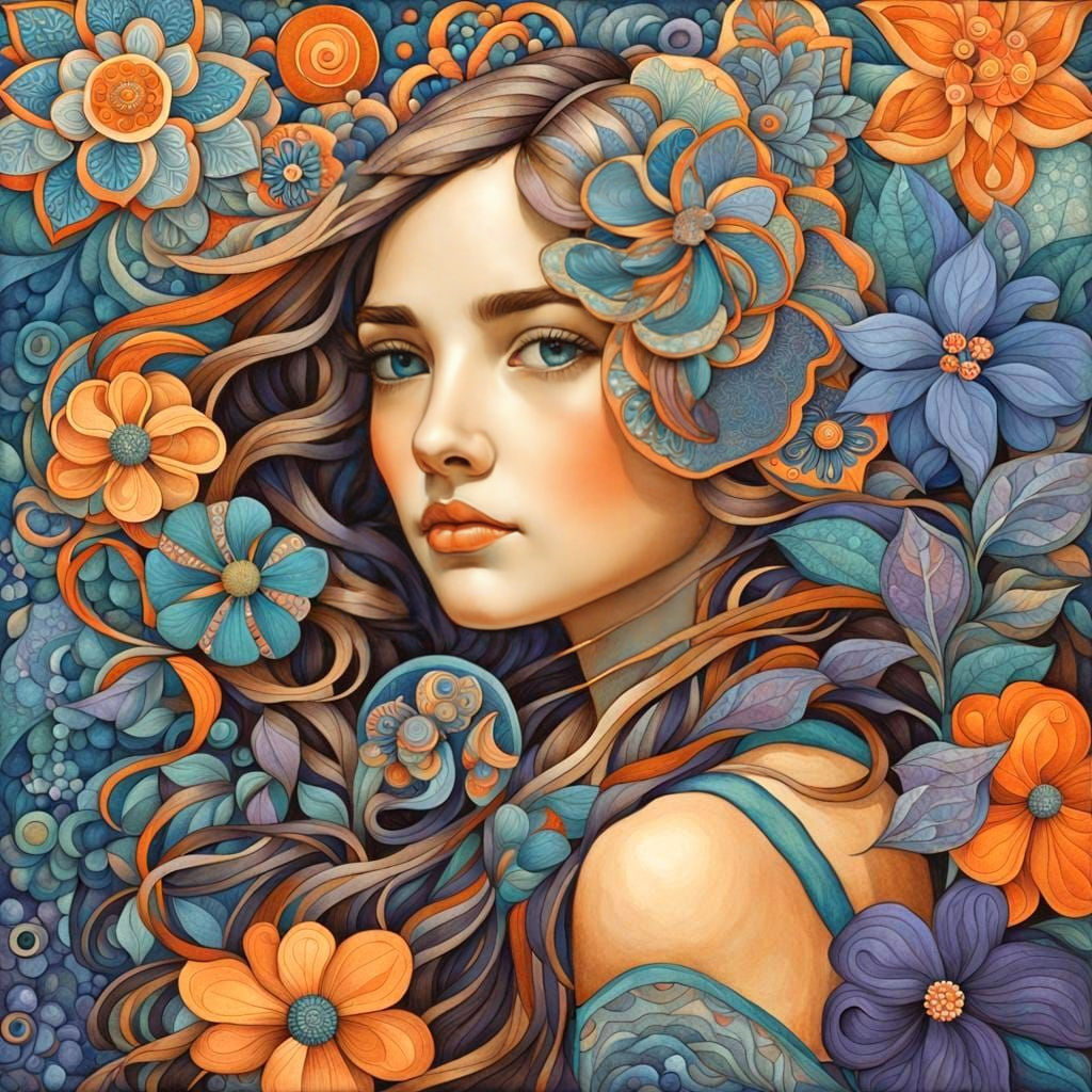 Zentangle Woman Portrait in Gouache Style