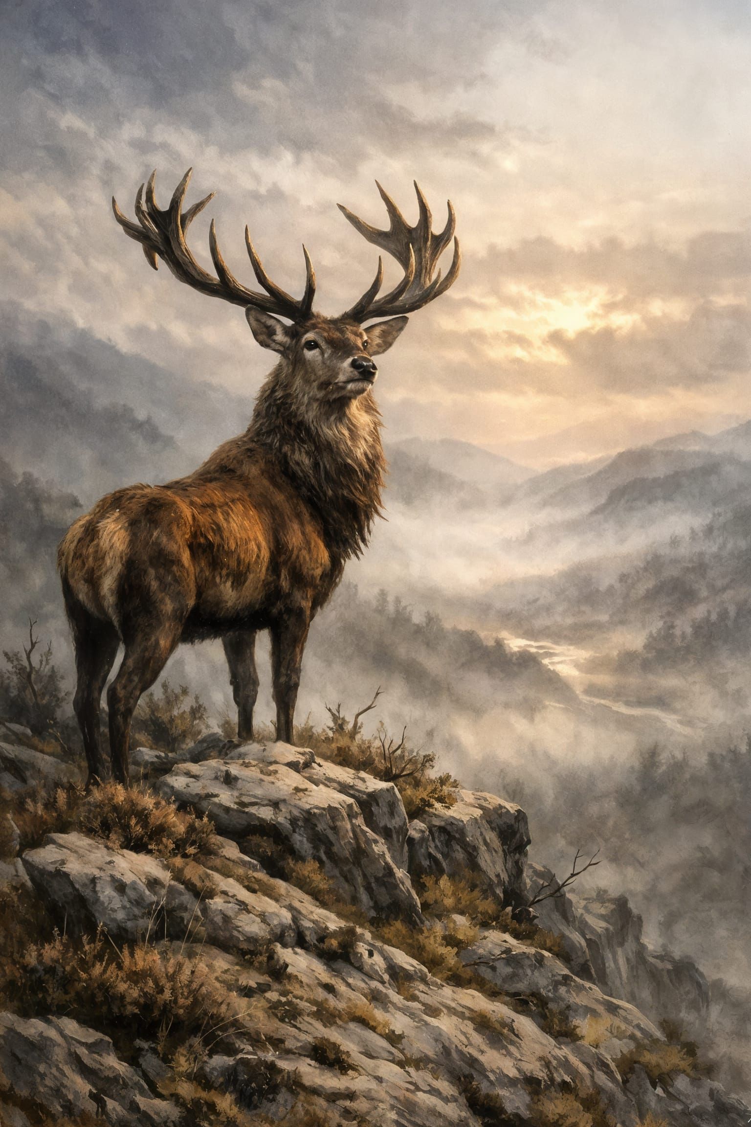 Majestic Stag on Rocky Outcrop at Dawn