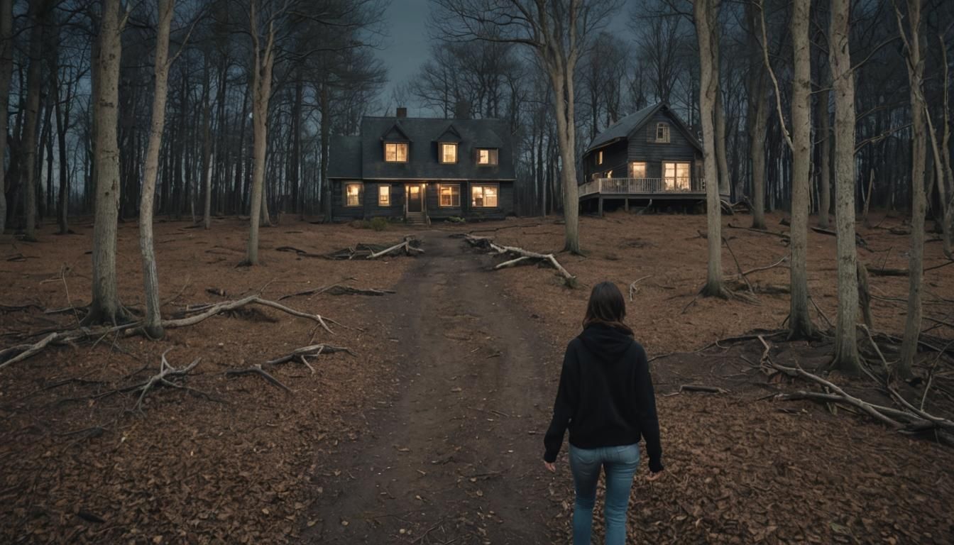 Girl Walks from Woods to Moonlit House
