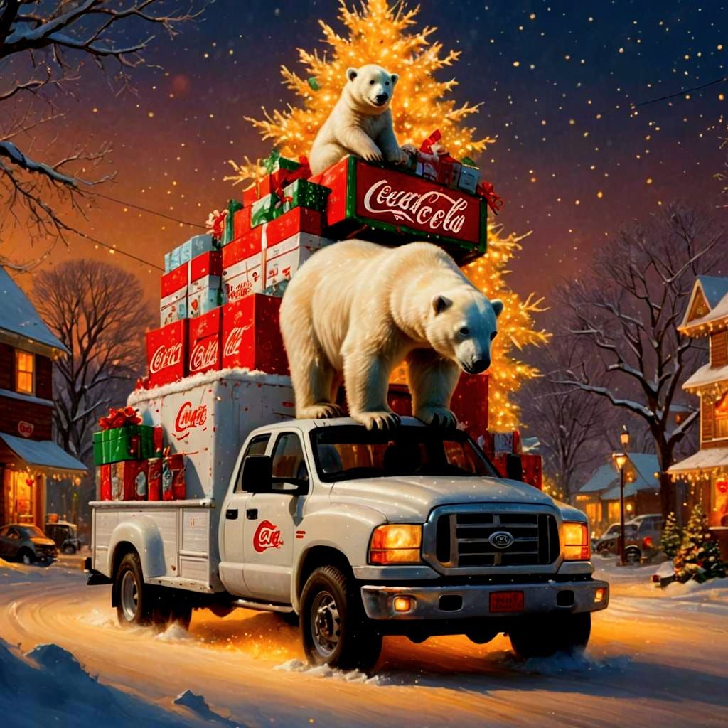 Adorable Coke Polar Bear on Christmas Truck in HDR