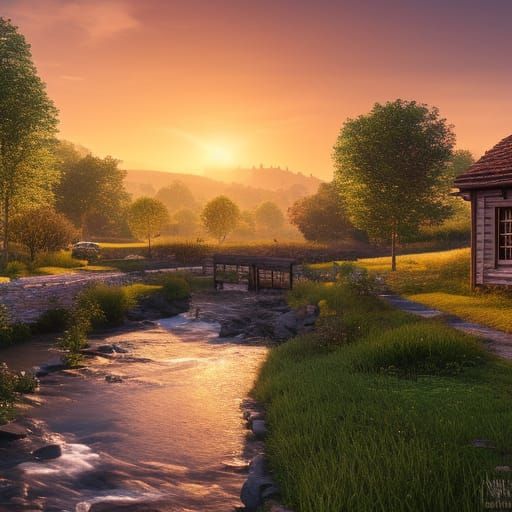 Charming Rural Countryside at Sunset: Digital Painting