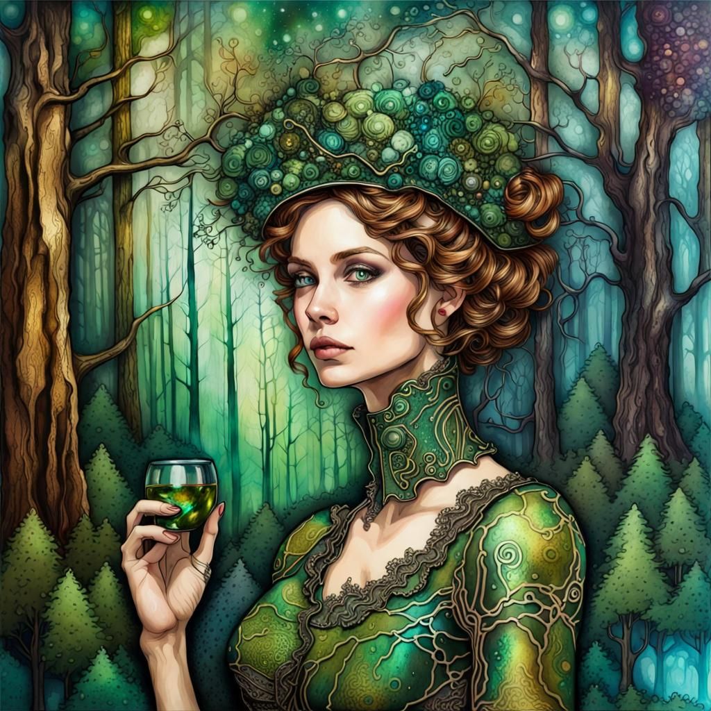 Victorian Woman in Biometric Metallic Forest