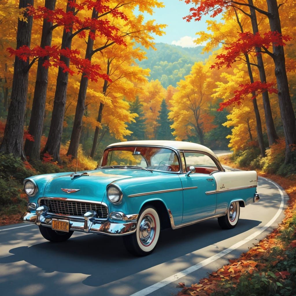 1955 Blue & White Chevy Bel Air in Autumn Forest