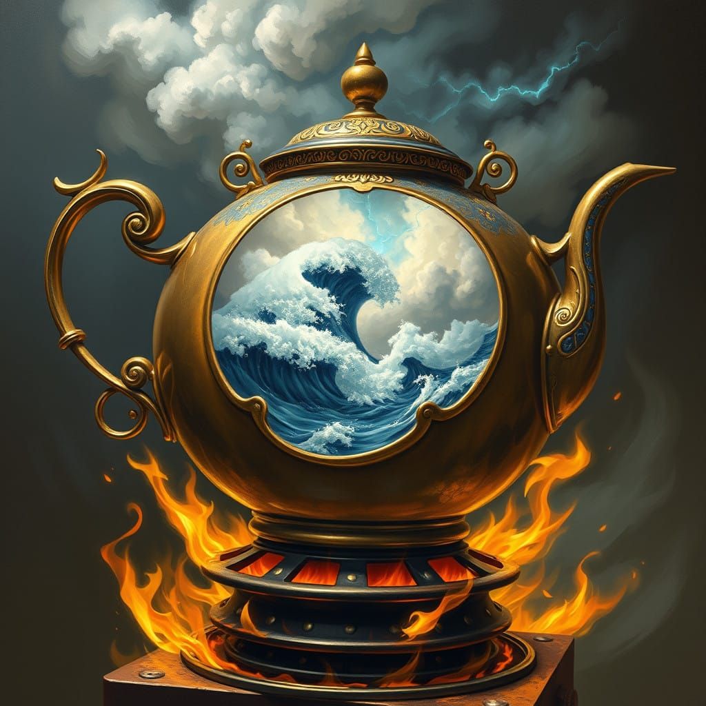 Majestic Teapot Storm in Whimsical Oil Paint Style