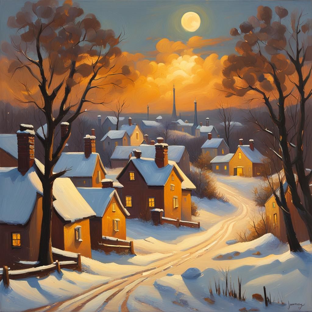 Winter Village Nocturne Oil Painting