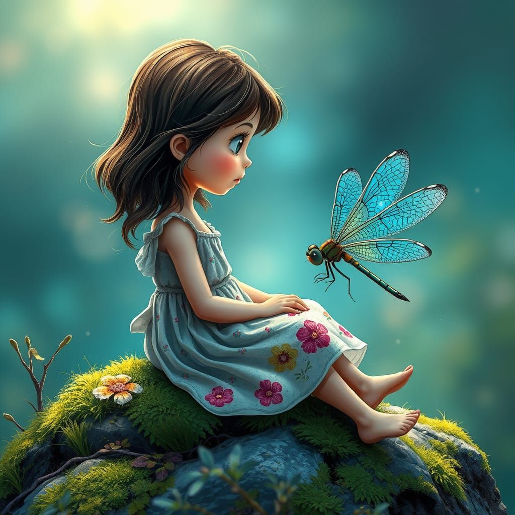 Girl Contemplates Majestic Dragonfly in Whimsical Oil Painti...