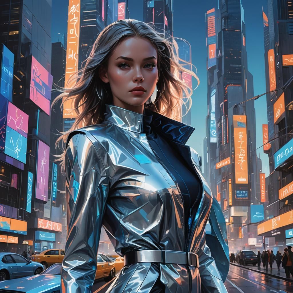 Futuristic Woman in Silver Dress, Cyberpunk Metropolis