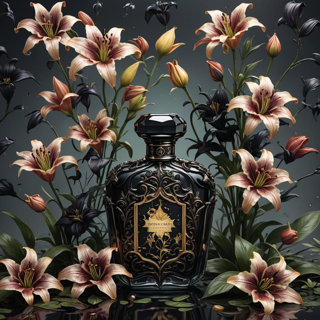 Perfume Bottle Amongst Black Lilies, Detailed Matte Painting