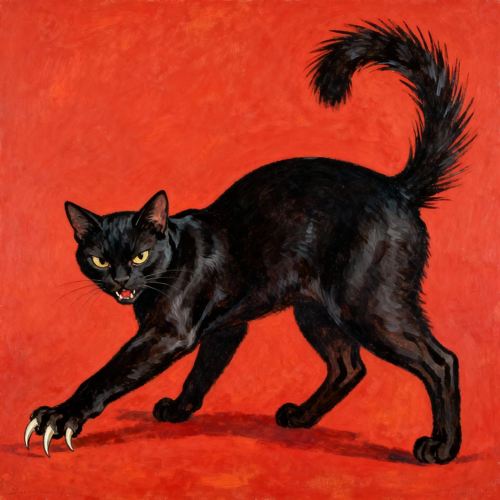 Angry Black Cat with Sharp Claws, Naive Art Style