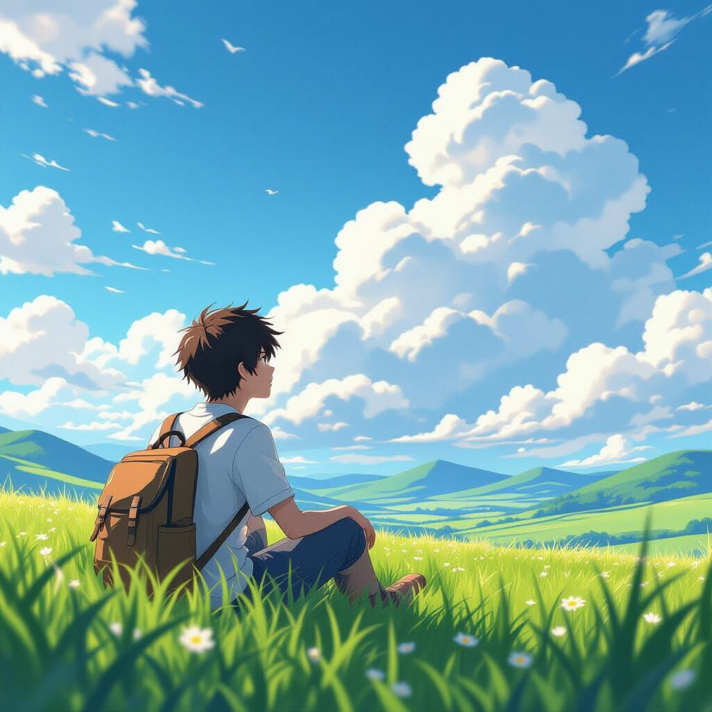Anime Style: Young Man Dreaming in Grass