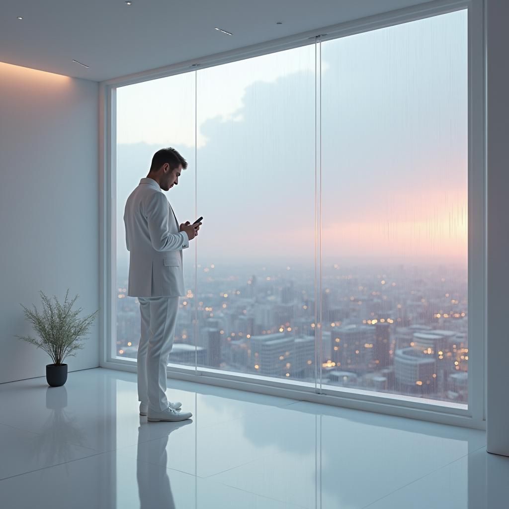 Man in White Suit in Futuristic Cityscape, Digital Art